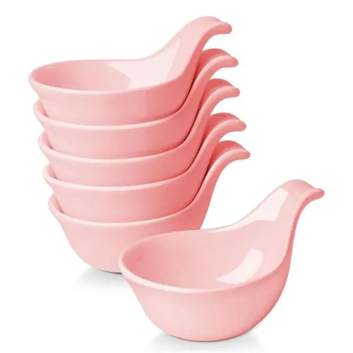Flexzion Keramik-Dip-Schalen, kleine Schalen zum Dippen mit Griff, Gewürzbecher, Sojasaucenschale, Porzellan-Ramekins, Soßenhalter, Behälter für kleine Beilagen, Dips - 89 ml, 6 Stück, Rosa