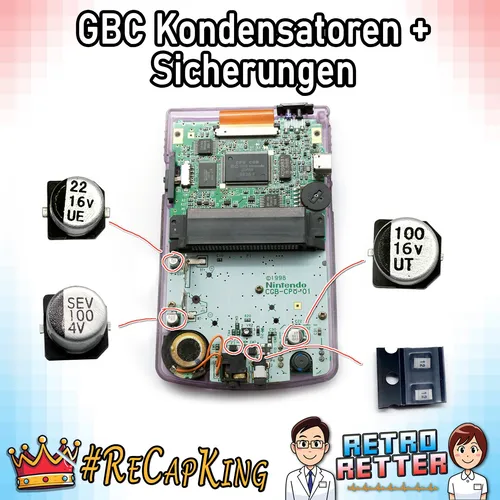 2x F1/F2 Sicherung + Kondensatoren für Game Boy Color Mainboard - GBC Platine