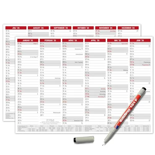 TOBJA abwischbarer Wandkalender 2025 A4 - "Rot" Jahresplaner 2025 abwischbar, inkl. Stift. Tafelkalender 2025, Robuster Kalender A4