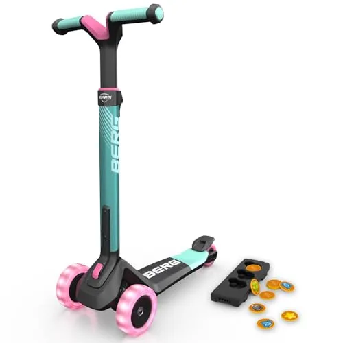BERG Nexo Foldable Lights Magnet-Deck Mint | Klappbarer Kinderroller mit LED-Lichtern - Roller/Kickboards: Sicherer Kinderroller mit einstellbarem Lenkerschloss und leuchtenden LED-Rädern für optimale Sichtbarkeit, ideal für Abenteuer bei Dämmerung.