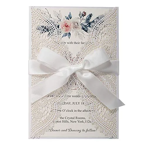 KUCHYNEE Weiße lasergeschnittene hohle Spitzen Einladungskarten mit Umschlägen - Elegante Hochzeitseinladung für Brautduschen Brautparty Geburtstagseinladungen, 20 Stück