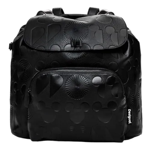 Desigual Women's Accessories PU Backpack MEDIUM, Schwarz - Damen-Rucksackhandtaschen mit einfarbigem Design und Blumenstickerei, ideal für Alltag und Freizeit, ausgestattet mit mehreren Innentaschen und abnehmbaren Griffen.