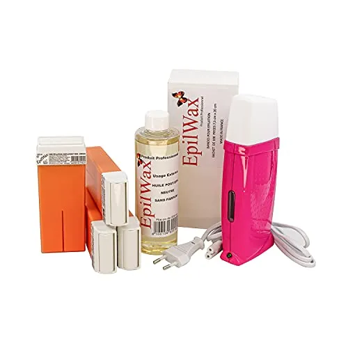 EpilWax Royal Complete Epilation Kit mit: Professionellem Wachswärmer 4 Roll-On Wachs 100 ml Argan, 100 Epilierstreifen, 1 Flasche mit 250 ml Öl nach der Epilation - (Royal Serie l'Argan 4)