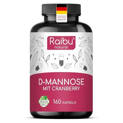 Raibu D-Mannose Kapseln mit Cranberry - 2100 mg pro Tagesdosis - Fruchtextrakt aus Cranberry, hochdosiert mit 2250 mg D-Mannose und Vitamin C, unterstützt die Harnwege und das Immunsystem, vegan und ohne Zusätze, in Deutschland produziert.