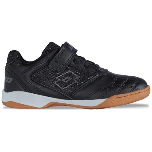 Lotto Whizzer T Unisex Kids Sportschuhe Schwarz/Dunkelgrau 37 - Sportliche Hallenschuhe für Kinder mit Klettverschluss und elastischen Schnürsenkeln. Die innovative Sock Construction sorgt für eine optimale Passform und Stabilität während des Spiels.