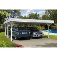 Skan Holz Carport Spessart 611 cm x 604 cm Weiß - Doppelcarport aus stabilen Leimholz mit 6 robusten Pfosten, ideal für zwei Fahrzeuge. Wetterbeständiges Dach mit hoher Tragfähigkeit und optimalem Rundumschutz.
