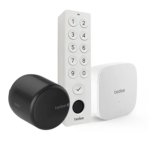 tedee GO 2 Set | smartes Türschloss Schwarz | WLAN-Bridge | biometrisches Tastenfeld Weiß | Smart-Home-Lösung iOS, Android | PIN + Fingerprint | Bluetooth | Auto-Unlock | Keine Installationshardware