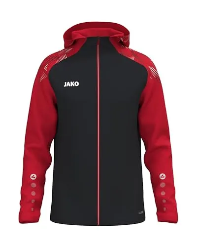 JAKO Kapuzenjacke Sonic Herren schwarz/rot, Größe XL - Die strapazierfähige Kapuzenjacke Sonic kombiniert modernes Design mit funktionalen Details. Der weiche Micro-Fleece-Innenstoff sorgt für hohen Tragekomfort und Wärme, ideal für Training und Freizeit. Seitentaschen mit Reißverschluss bieten sicheren Stauraum.