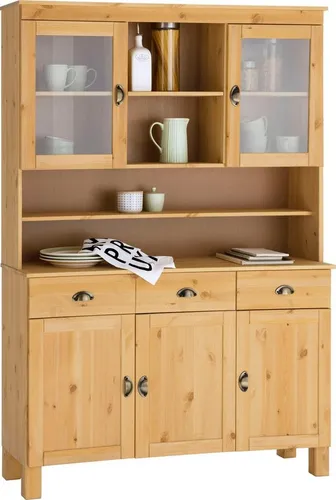 Home affaire Küchenbuffet Oslo 125 cm aus massiver Kiefer mit 2 Glastüren - Buffet aus massivem Kiefernholz, bietet viel Stauraum mit 5 Einlegeböden und 2 Glastüren – ideal für ein stilvolles und funktionales Zuhause.