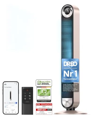 Dreo 25dB Smart Leiser Turmventilator - Turmventilator mit 106 cm Höhe, extrem leise bei 25 dB, 9 Geschwindigkeiten, 4 Modi und Sprachsteuerung für ein angenehmes Raumklima.