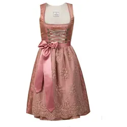 Edelnice Trachtenmode Midi Dirndl Sophia - Exklusiv und Glamourös - Dirndl für Damen: Elegantes Midi Dirndl Sophia mit schimmerndem Goldstoff und pinken Ornamenten, inklusive üppig bestickter Spitzenschürze für einen glamourösen Look.