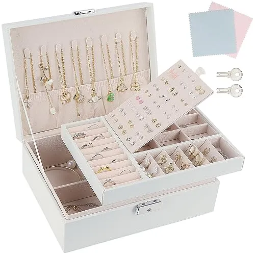 TEIVUL Schmuckkästchen,Damen 2-schichtige Schmuckaufbewahrung,PU-Leder Schmuckkasten mit Schloss,geeignet für Halsketten,Ringe,Ohrringe,Armbänder,Jewelry Organizer für Frauen und Mädchen (weiß)