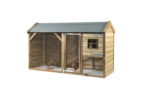 FATMOOSE CosyChicken Cottage Hühnerstall mit Auslauf - Witterungsfestes Holzhaus für Hühner - Das CosyChicken Cottage bietet ein sicheres und artgerechtes Zuhause für Hühner. Hergestellt aus massivem, imprägniertem Kiefernholz, schützt es zuverlässig bei jedem Wetter und fördert das Wohlbefinden deiner gefiederten Freunde.