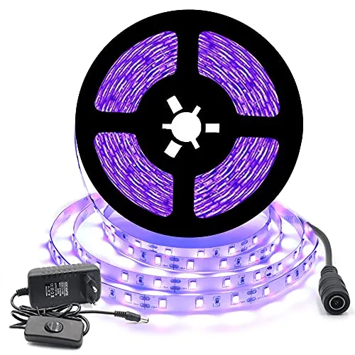 Arotelicht UV LED Strip Schwarzlicht Streifen Set, Band Leiste SMD 2835 UV Licht Lichterkette Lichtleiste mit Netzteil für Karneval Bar Disco Party Deko, 5M IP20