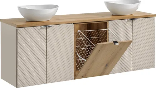 Petits-meubles Doppelwaschtisch Manoa, Beige, 160x59 cm - Eleganter Doppelwaschtisch aus 70% FSC-zertifiziertem Holz, inklusive geräuscharmem Schließsystem und praktischem Wäschekorb. Ideal für stilvolle Badezimmer!