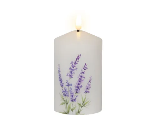 Lumineo LED-Kerze, LED Kerze 7x14,5cm Lavendel Motiv Wachs Batterie Weiß