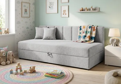 Lenny Tagesbett mit Rückenlehne und Stauraum in Grau - Das Lenny Tagesbett kombiniert modernes Design und Funktionalität. Ideal als Sofa oder Gästebett, bietet es eine komfortable Liegefläche von 90 × 200 cm und praktischen Stauraum für Bettwäsche. Der pflegeleichte Chenille-Stoff sorgt für ein angenehmes Wohngefühl.