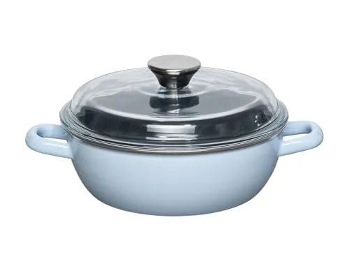 Riess Schmorpfanne hoch mit Glasdeckel Ø 20cm – BACKEMAILLE BLAU - Hochwertige Emaille-Pfanne mit rostfreiem Schüttrand und Glasdeckel. Ideal für energiesparendes Kochen auf allen Herdarten. Praktisch stapelbar und leicht zu reinigen.
