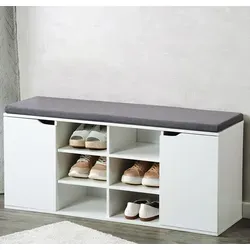 Schuhschrank mit Sitzkissen - 2 Türen, 6 Fächer, weiß lackiert, ideal für Ordnung und Sitzkomfort in Flur oder Eingangsbereich