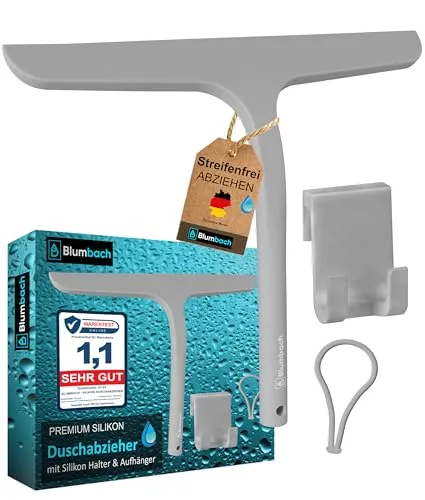 BLUMBACH® Duschkabinenabzieher grau - 28 cm Silikon Abzieher mit Edelstahl Kern - Duschabzieher mit elastischer Silikonlippe für streifenfreies Abziehen ohne Quietschen. Inklusive Halterung für einfachen Zugang und Schutzmantel gegen Schimmel.