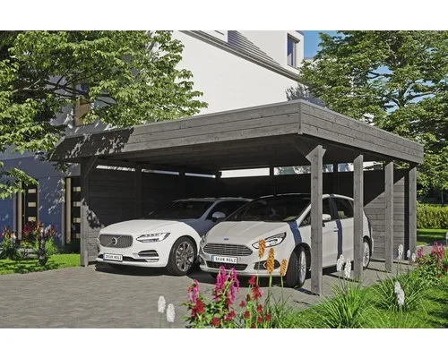 Doppelcarport SKAN HOLZ Friesland Set 3 - Moderne Doppelcarport mit Flachdach und grauen Aluminium-Dachplatten, idealer Schutz für Ihr Fahrzeug und ansprechende Gestaltung für Ihren Garten.