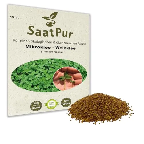 Mikroklee Microclover Miniklee Saatgut 50g für dichten, ganzjährig grünen Rasen - Dichte, schöne Rasenflächen das ganze Jahr über. Ideal für Neuanlage und Nachsaat, auch im Schatten. Sparen Sie Zeit und Ressourcen mit dieser speziellen, kleinblättrigen Züchtung. Reicht für ca. 25 m².