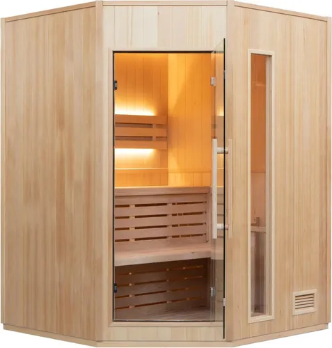 Finnische Eckige Dampfsauna 3 Plätze - Komplettpaket Harvia 4,5kW - Sauna für 3 Personen, einfache Montage und CE-geprüft. Ideal für Innen- und Außenbereich, gefertigt aus kanadischer Fichte. Genießen Sie entspannende Dampfbäder in Ihrer eigenen Sauna!