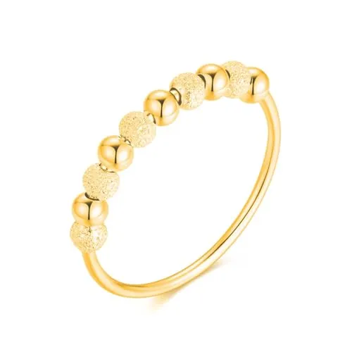 Anti-Stress Ring aus 925 Sterlingsilber mit drehbaren Glitzer-Kugeln, Dekompression Entspannungs-Helfer mit Perlen zum Drehen für Frauen und Damen, Angstring Beruhigend & Therapeutisch (Gold, 52)
