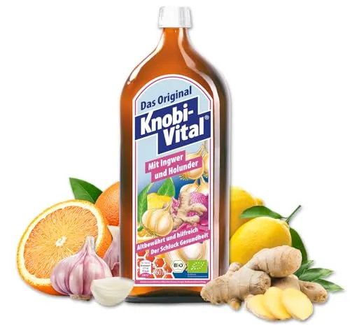 Knobivital mit Ingwer und Holunder Bio 960 ML - Arzneimittel zur Unterstützung des Herz-Kreislauf-Systems, hergestellt aus frischen Bio-Zutaten mit Knoblauch, Ingwer und Holunder für eine gesunde Lebensweise.
