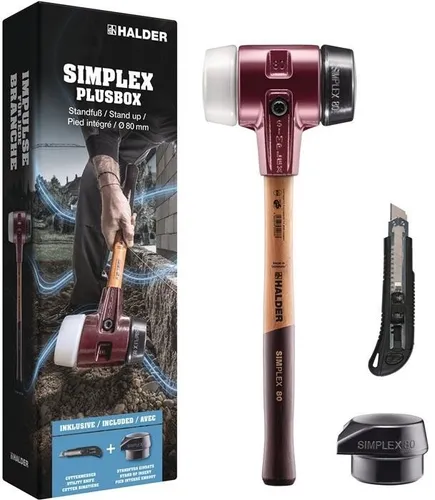 HALDER SIMPLEX Plusbox Standfuß Ø 80 mm - Ergonomischer 80 mm Schonhammer in Vorteilsbox mit Gummikomposition und Superplastik-Einsätzen für rückenschonendes Arbeiten. Inkl. Cuttermesser und Ersatzeinsatz für einen sicheren Kopfstand.