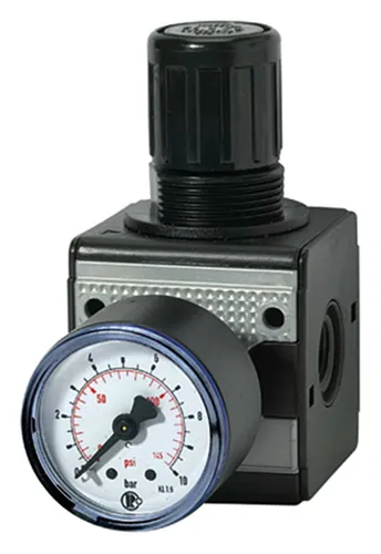 Riegler Druckregler "multifix" mit Manometer, BG 1, G 1/4 - Druckregler für präzise Anwendungen, inkl. Manometer und rücksteuerbarer Membran. Regelbereich von 0,5 - 10 bar, ideal für Druckanpassungen in verschiedenen Bereichen.