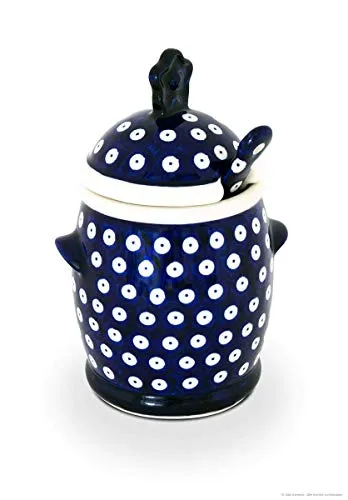 Original Bunzlauer Keramik 650 ml Honigtopf mit Honiglöffel 12,5 x 19,3 cm Design 42 - Türkis