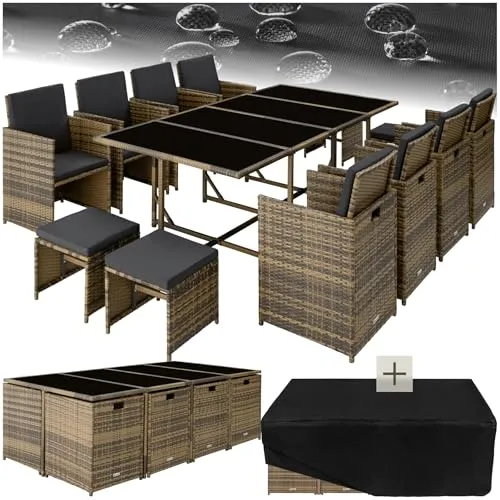 tectake Sitzgruppe Rattan 12-tlg. - Platzsparendes Würfelsystem - Gartenmöbel mit abnehmbaren, wasserabweisenden Bezügen und handgefertigtem Rattangeflecht für einzigartige Optik. Ideal für kleine Gärten und Balkone.