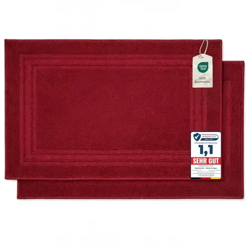 Komfortec 2er Badvorleger aus 100% Baumwolle, 600 GSM, Duschvorleger, Waschbar, Badteppich, Saugfähig, Frottee, 50x70 cm, Aurorarot