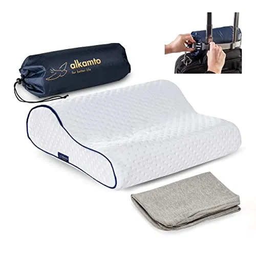 Alkamto Reisekissen – Ergonomisches Memory-Schaum-Kissen für Reisen - Reise-Zubehör mit temperaturregulierendem Bezug und hypoallergenem Material, ideal für Komfort unterwegs – perfekt für Flugzeug, Zug oder Auto.