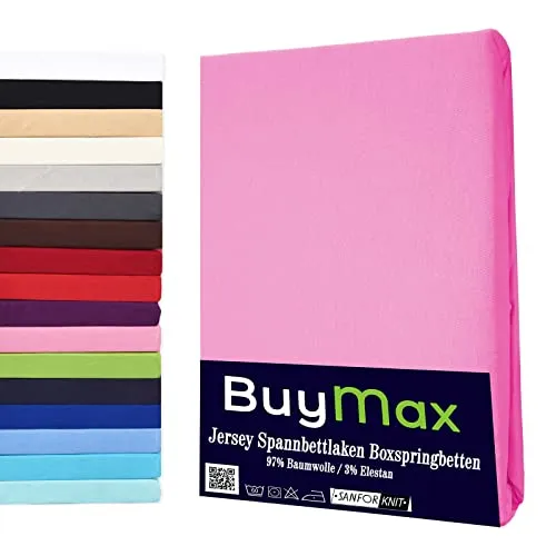 Buymax Spannbettlaken für Boxspringbetten – Rosa Jersey, 180-200 cm x 200-220 cm - Hochwertiges Spannbettlaken aus Jersey mit Rundumgummi für eine perfekte Passform. Atmungsaktiv und pflegeleicht, ideal für Boxspring- und Wasserbetten bis 35 cm Höhe.
