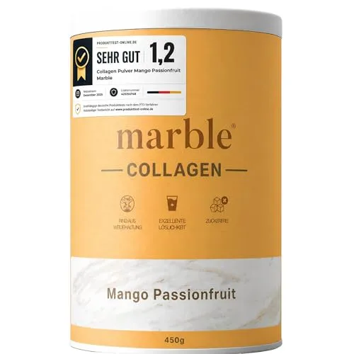marble® Collagen Pulver 450 g - Mango Passionfruit Geschmack - Genieße erfrischenden Eistee mit unserem Mango Passionfruit Collagen Pulver. Es löst sich sofort auf und kommt in einer praktischen Pappdose, ideal für die einfache Entnahme. Hochwertige Zutaten für deinen Genuss!