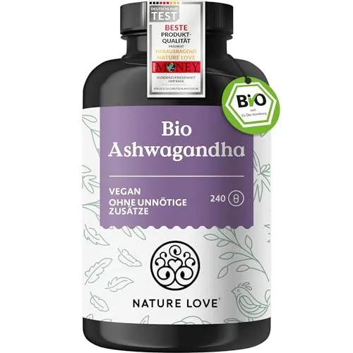 Ashwagandha Bio Kapseln 240 St von Nature Love - Nahrungsergänzungsmittel zur Stressreduktion und Förderung des Wohlbefindens, ideal für einen ausgeglichenen Lebensstil.
