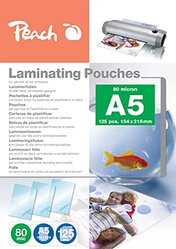 Peach Laminierfolien A5-80 mic - 125 pouches - glänzend - Premiumqualität für beste Laminierergebnisse - kompatibel mit Geräten aller Markenhersteller - PP580-03P