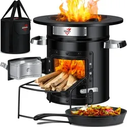KESSER Feuerstelle Raketenofen aus Gusseisen - Hochwertiger Dutch Oven BBQ Holzofen mit Tragetasche, ideal für gemütliche Grillabende und Outdoor-Aktivitäten.
