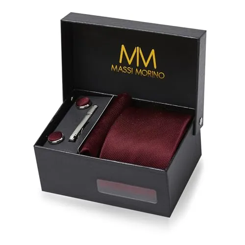 Massi Morino Krawatte Weinrot Set mit Einstecktuch und Manschettenknöpfen - Elegantes 5-in-1 Krawattenset für Herren, inklusive Krawatte, Einstecktuch, Manschettenknöpfen und Geschenkbox - perfekt für besondere Anlässe!