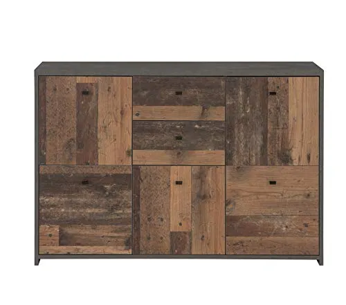 FORTE Best Chest Kommode mit 5 Türen und 2 Schubladen - Kommode im trendigen Vintage/Industrial Look, aus pflegeleichtem Holzwerkstoff mit langlebigen Metalllaufleisten für hohe Stabilität. Ideal für stilvolle Ordnung in jedem Raum.