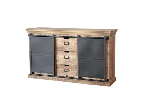 baario Sideboard SELCE Industrial 150cm - Massivholz Sideboard im Industrie-Design mit eleganten Schiebetüren und 3 Schubladen für optimalen Stauraum. Ideal für eine warme und stilvolle Atmosphäre.