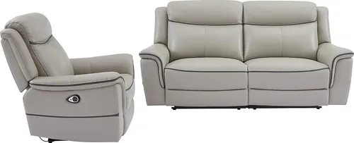 Relaxsofa 3-Sitzer & Relaxsessel ADELIO - Eleganz trifft Komfort - Couchgarnituren in edlem Hellgrau aus hochwertigem Rindsleder mit elektrischer Relaxfunktion und USB-Anschluss für ultimativen Komfort und Stil in Ihrem Wohnbereich.