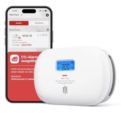 X-Sense Smart Kohlenmonoxid Melder XC0C-iR - CO-Melder mit App-Steuerung, Echtzeitwarnungen und 10 Jahre Lebensdauer für zuverlässigen Schutz, ideal für Zuhause und unterwegs.