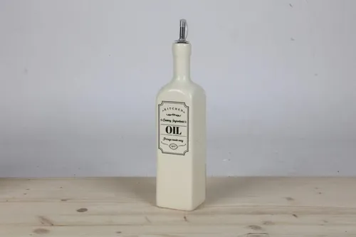 Ölflasche KITCHEN aus Keramik 600 ml – Keramikflasche mit Ausgießer und dekorativem Aufdruck für Küche & Tisch