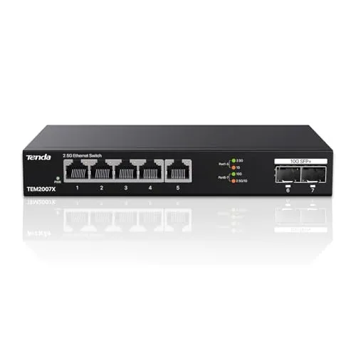 Tenda 2.5Gbit Switch mit 5x 2,5G Ports & 2x 10G SFP+ Ports - Netzwerk-Switch mit 7 Multi-Gigabit Ports, lüfterlos für leisen Betrieb und robustem Metallgehäuse, ideal für NAS, Server und Gaming-PCs.