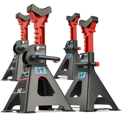 STIX 2 Paar Unterstellböcke JS-3T, 3 Tonnen Tragkraft - Werkstatteinrichtung mit 9-stufiger Höhenverstellung, pulverbeschichtet für Korrosionsschutz und Gummipads zum Schutz vor Beschädigungen.