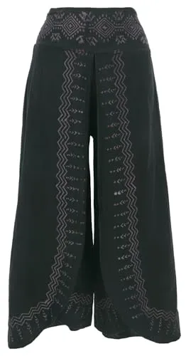 GURU SHOP Palazzohose - Bedruckte Boho Schlaghose für Damen, Schwarz, Size:S - Leichte, von Hand bedruckte Sommerhose mit elastischem Bund für hohen Tragekomfort. Ideal für Strand, Freizeit und Yoga. Die individuelle Gestaltung macht jedes Stück einzigartig.
