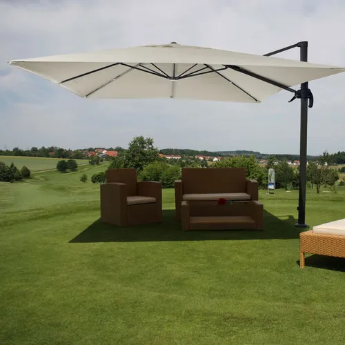 Gastronomie-Ampelschirm HWC-A96, 3x4m - drehbar und robust - Sonnenschirm aus witterungsfestem Polyester und leichtem Aluminium, ideal für Gastronomie. Mit 5-facher Höhenverstellung und 360° Drehfunktion für optimalen Sonnenschutz.